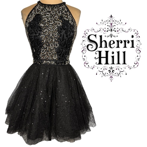 Sherri Hill Dresses & Skirts - Sherri Hill 52272 Black 
Beaded Halter sequin tulle cocktail party mini dress 6